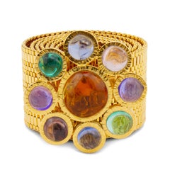 1980's Gold Mesh Belt with Multi-Colour Pastel Poured Glass Cabochons Buckle