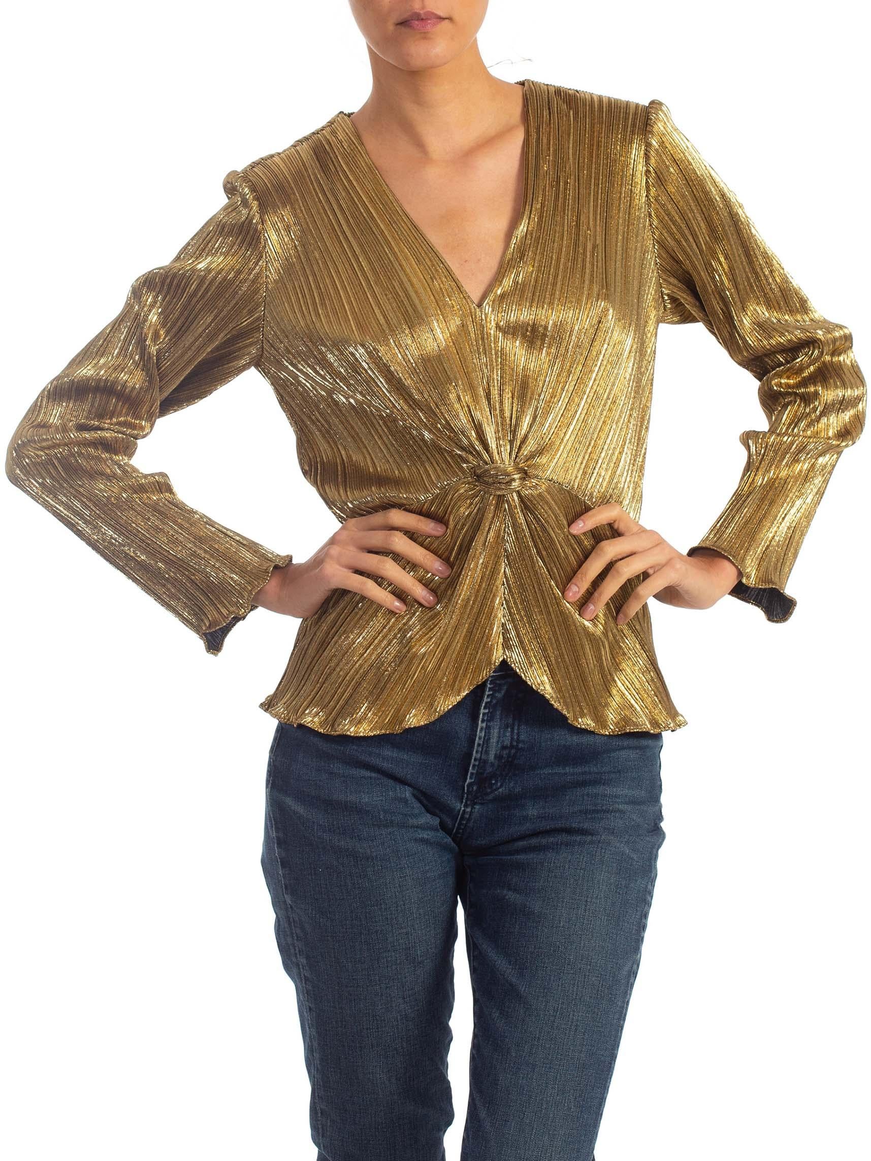 1980S Gold Metallic Poly Blend Blouse In Excellent Condition In New York, NY