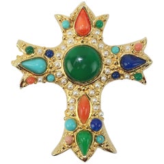 1980's Gold, Pearl & Cabochon Cross Brooch