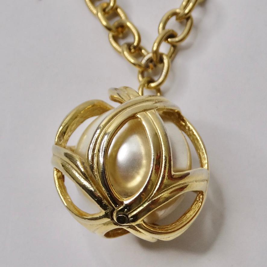 1980s Gold Plated Faux Pearl Cage Pendent Necklace In Excellent Condition For Sale In Scottsdale, AZ
