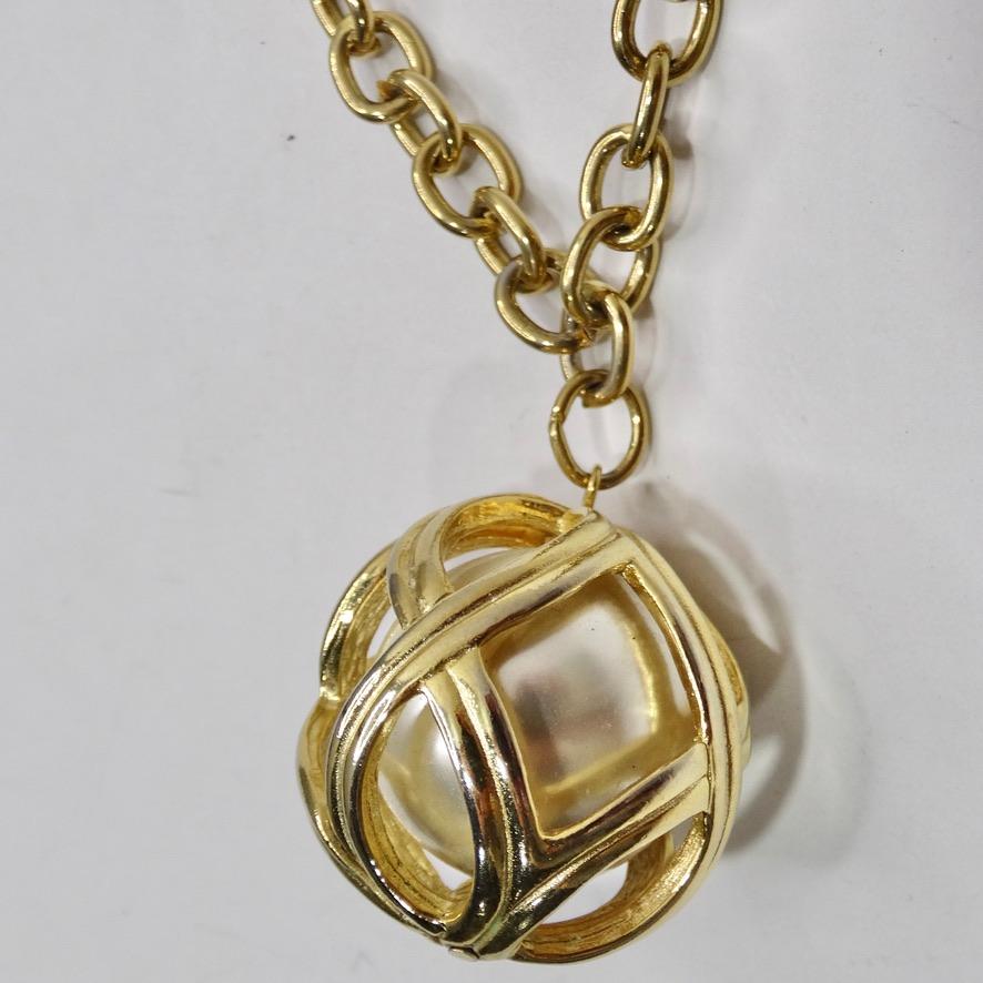 1980s Gold Plated Faux Pearl Cage Pendent Necklace For Sale 2