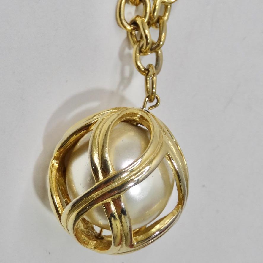 1980s Gold Plated Faux Pearl Cage Pendent Necklace For Sale 3