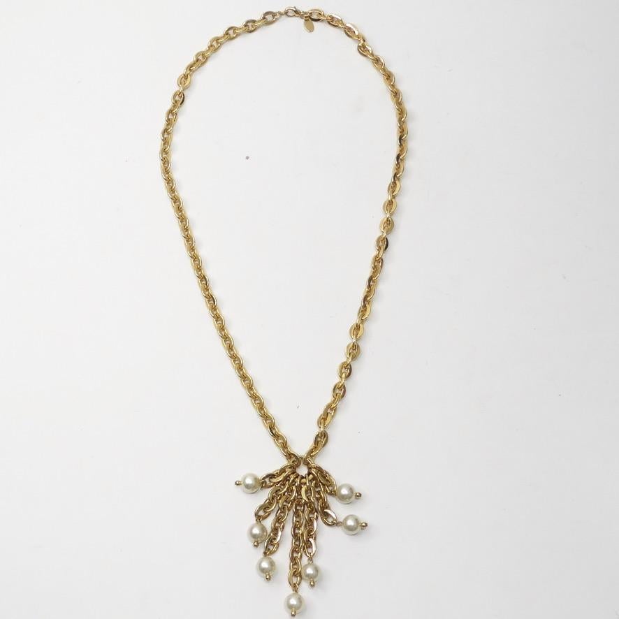 1980s Gold Plated Faux Pearl Tassel Necklace In Excellent Condition For Sale In Scottsdale, AZ