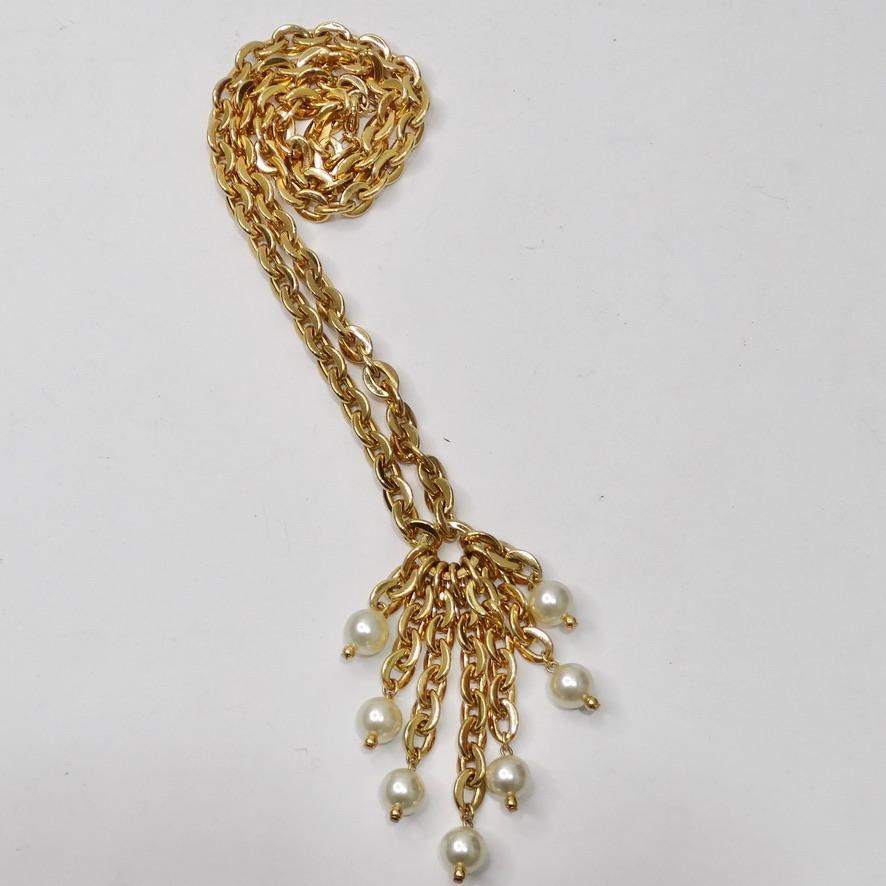 1980s Gold Plated Faux Pearl Tassel Necklace For Sale 1
