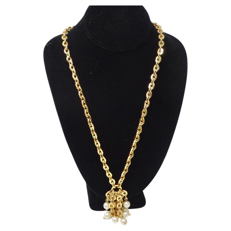 1980s Gold Plated Faux Pearl Tassel Necklace For Sale