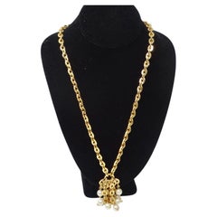 Used 1980s Gold Plated Faux Pearl Tassel Necklace