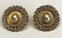 1980s Gold, Rhinestone and Pearl Curb Link Button Earrings