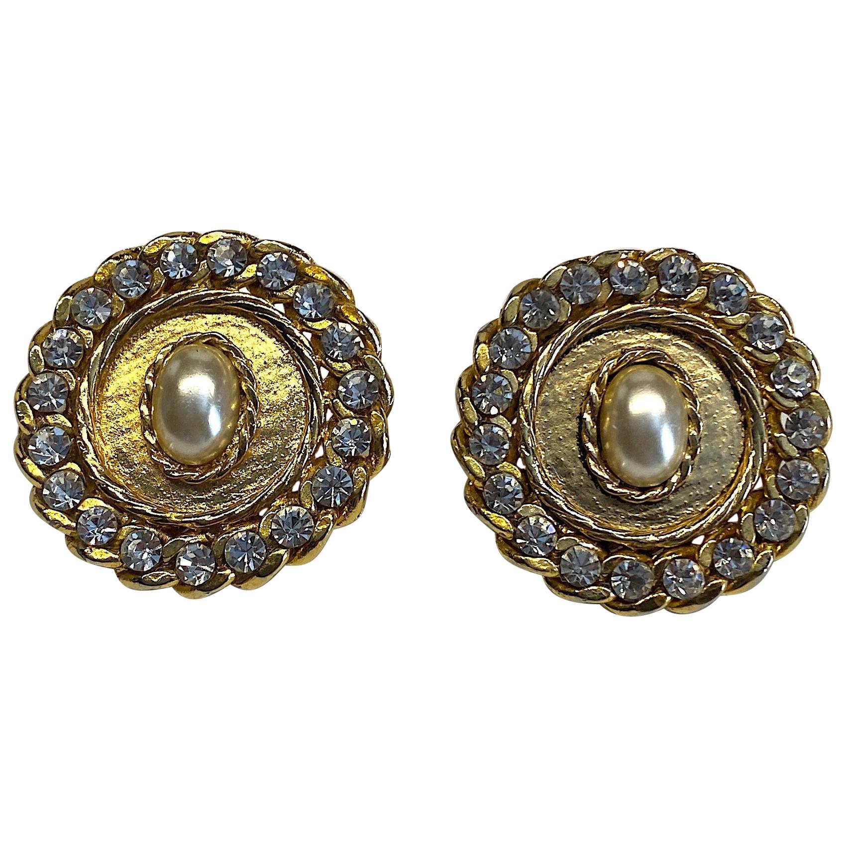 1980s Gold, Rhinestone and Pearl Curb Link Button Earrings For Sale