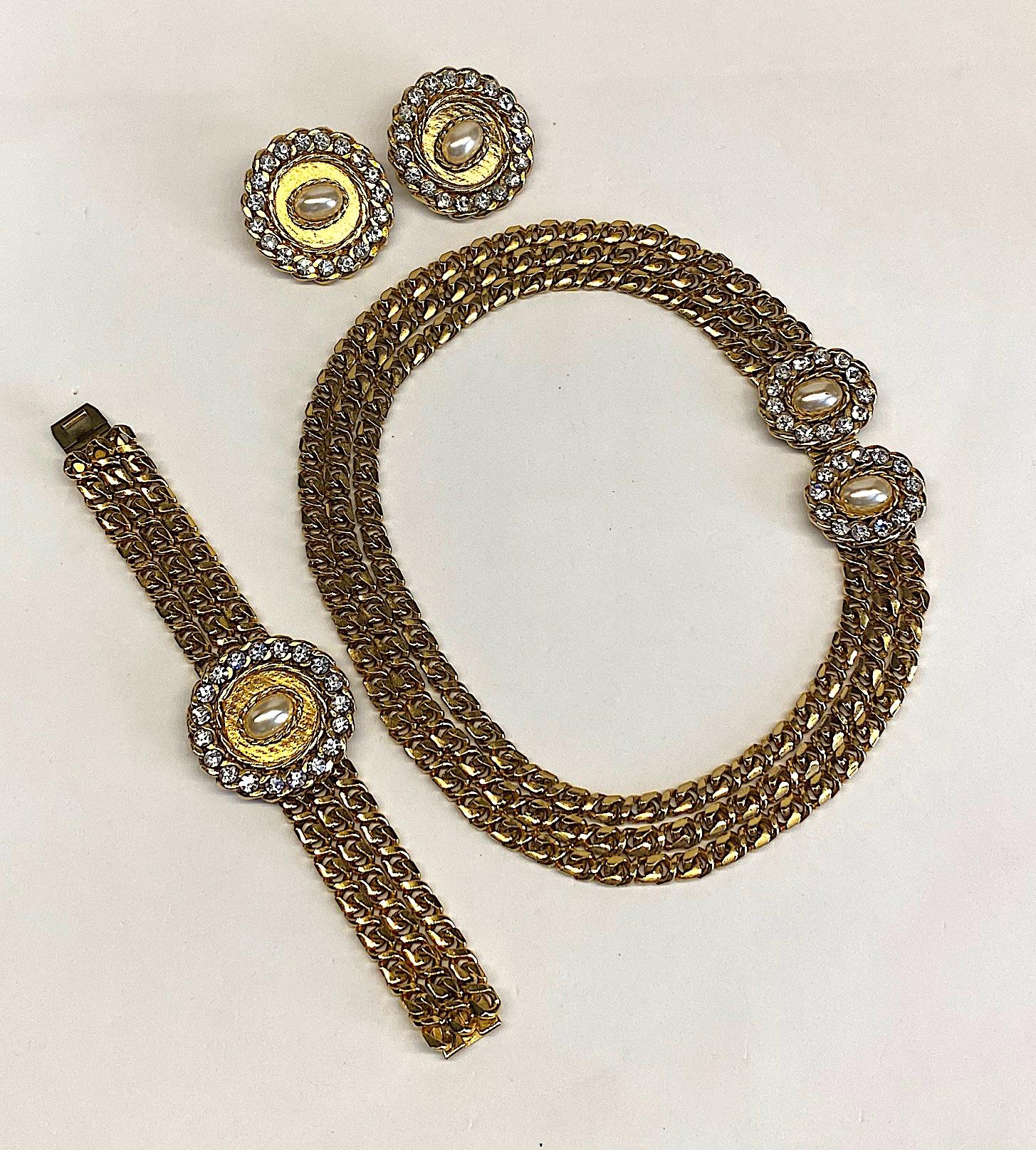 1980s Gold, Rhinestone and Pearl Curb Link Triple Stand Bracelet For Sale 6