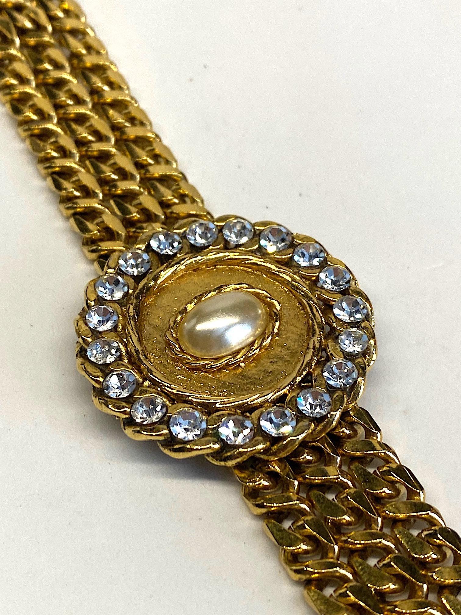 1980s Gold, Rhinestone and Pearl Curb Link Triple Stand Bracelet For Sale 1