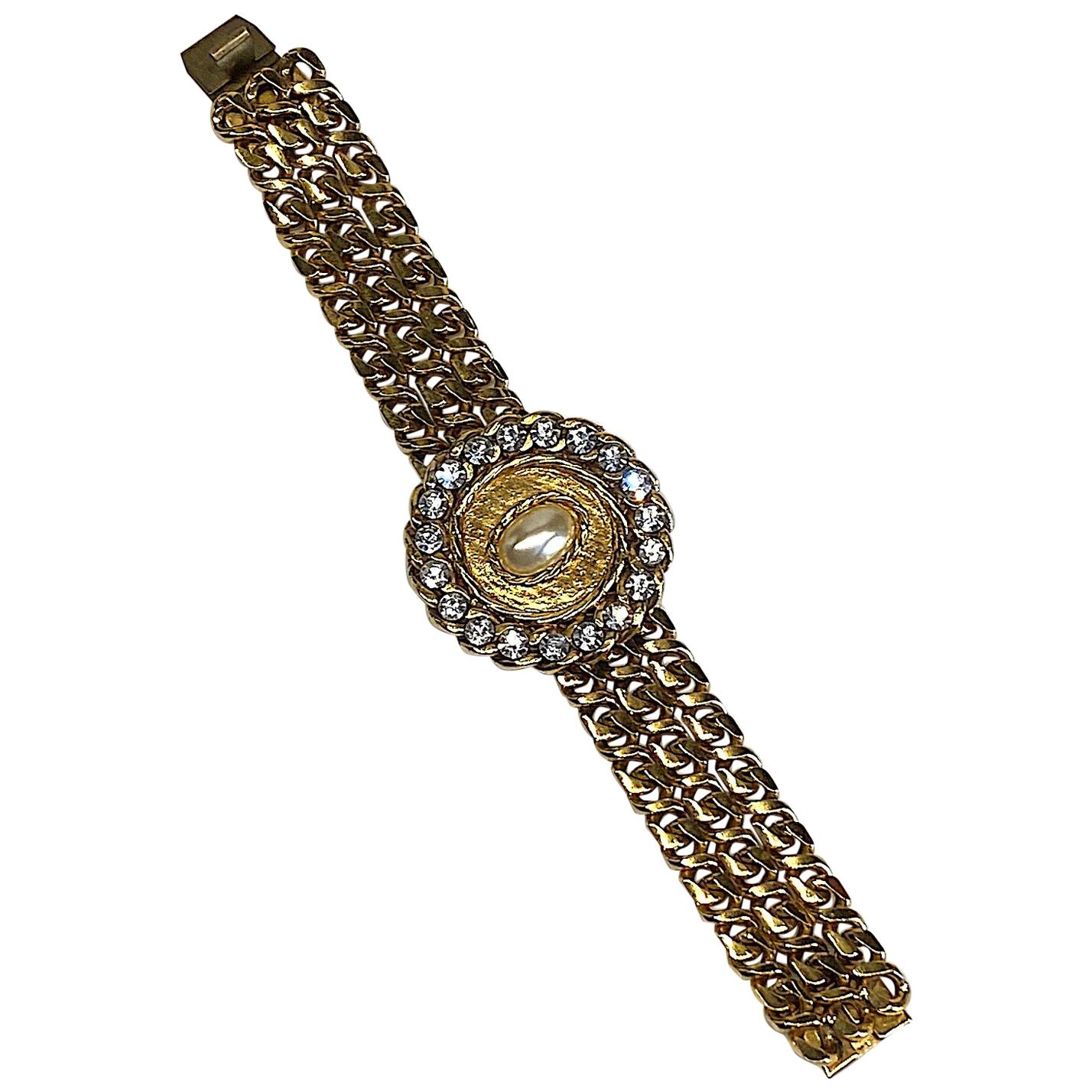1980er Jahre Gold, Strass und Perlen Curb Link Dreifach-Armband