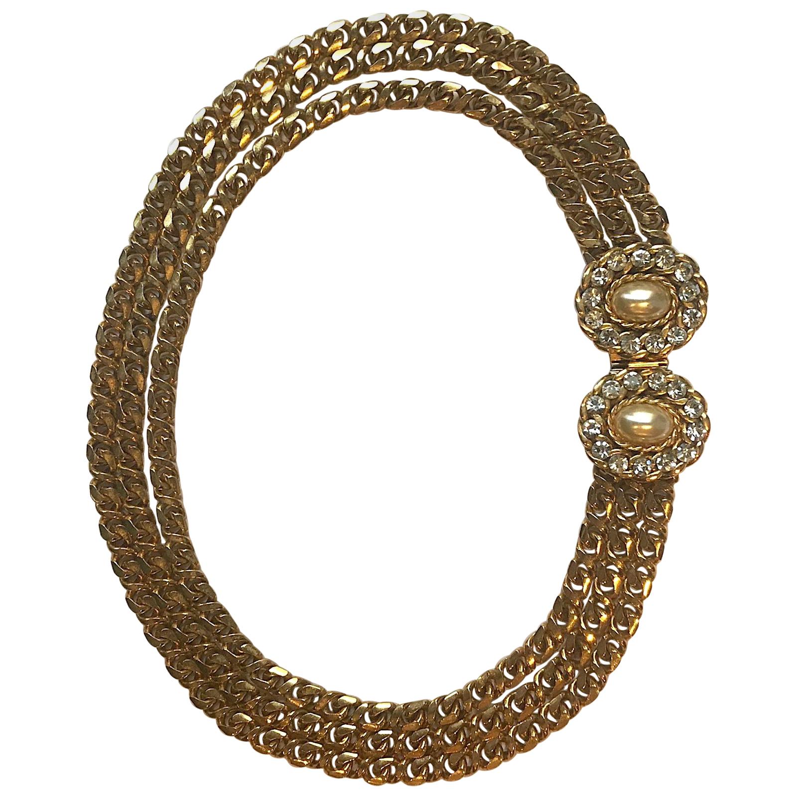Collier à trois maillons en or, strass et perles des années 1980