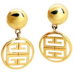 Vintage 1980s Gold Tone Givenchy Clip On Round Drop Earrings w Logo