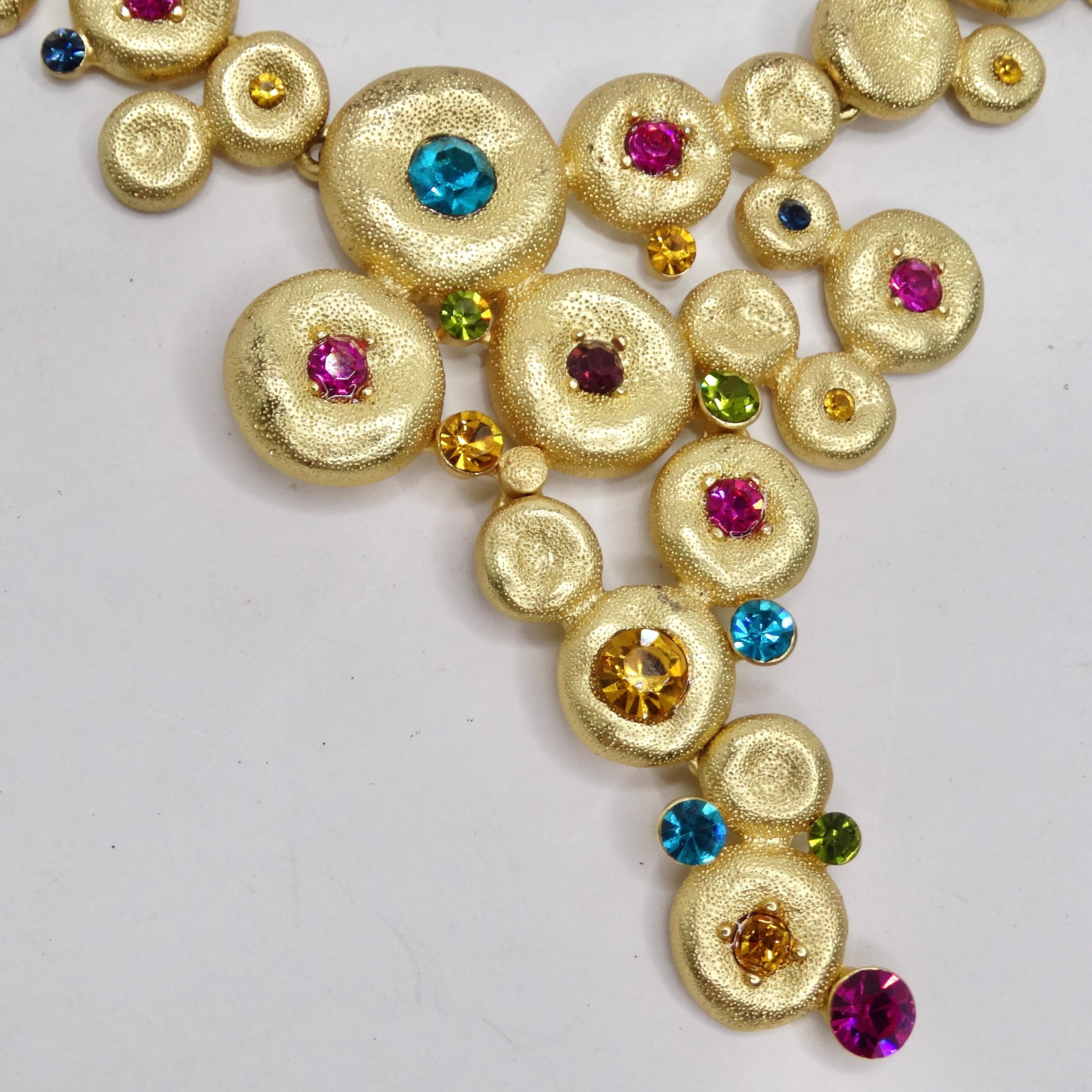1980s Gold Tone Multicolor Rhinestone Necklace For Sale 7