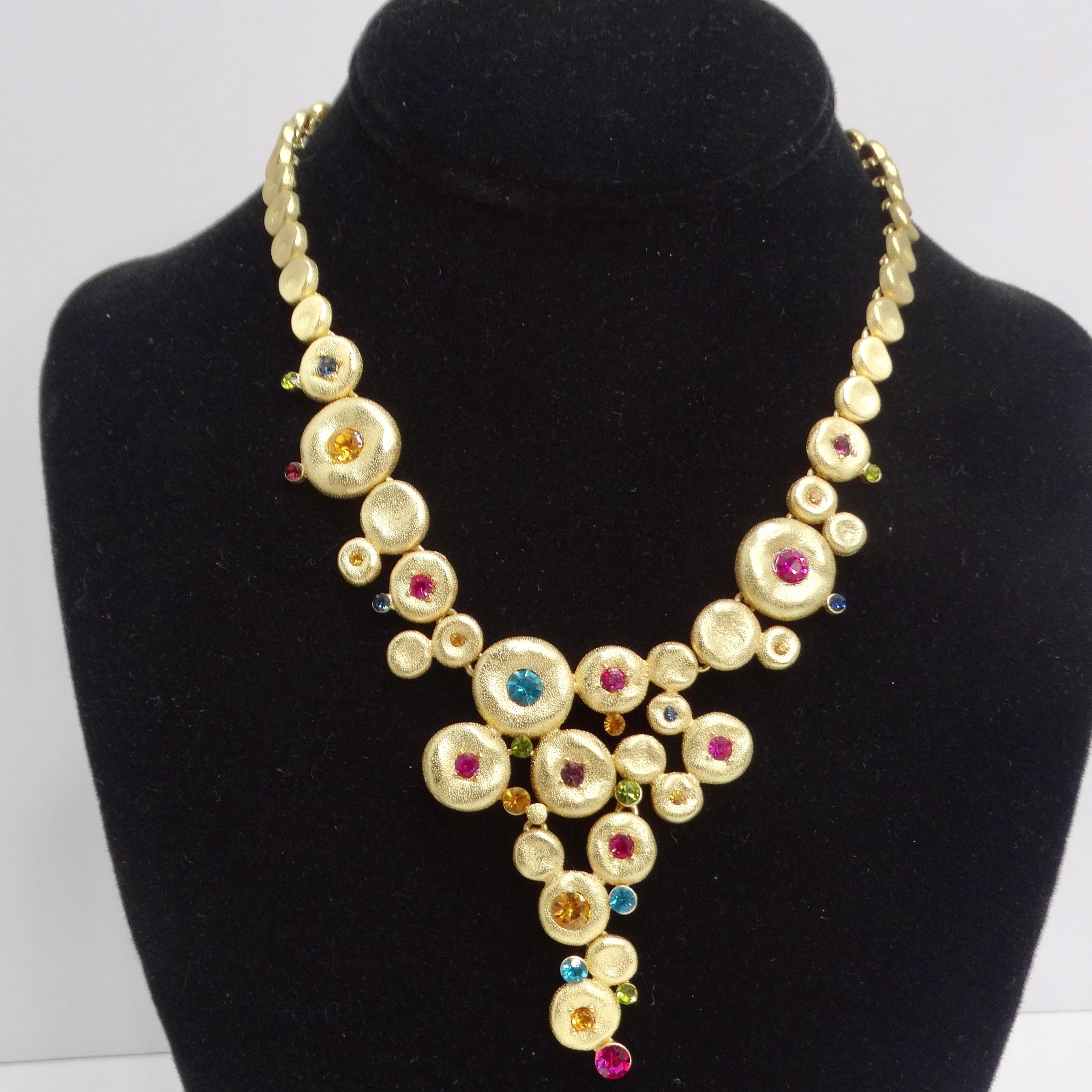 1980s Gold Tone Multicolor Rhinestone Necklace In Excellent Condition For Sale In Scottsdale, AZ