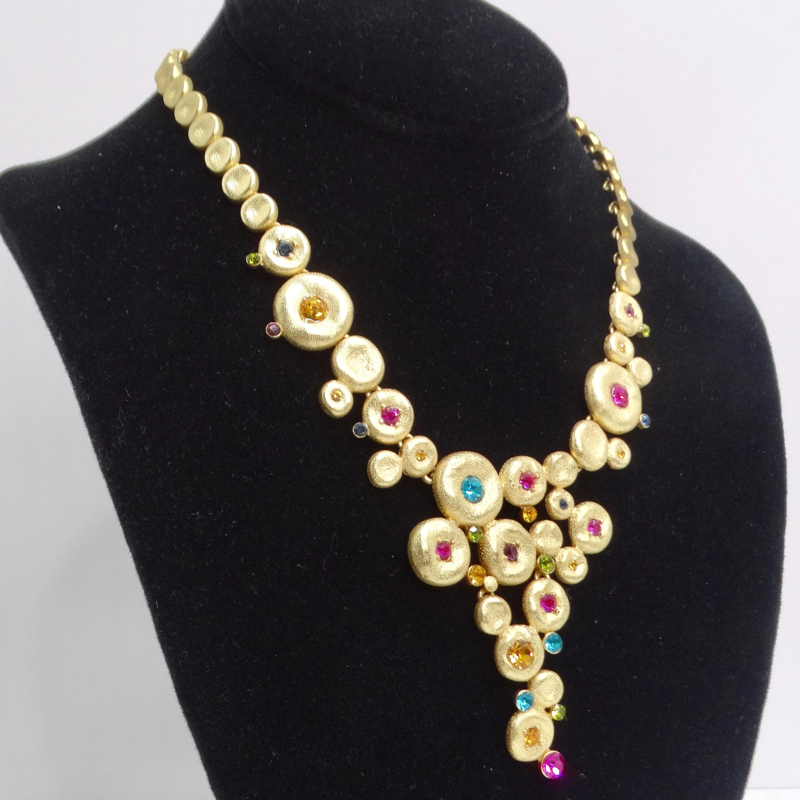 Women's or Men's 1980s Gold Tone Multicolor Rhinestone Necklace For Sale