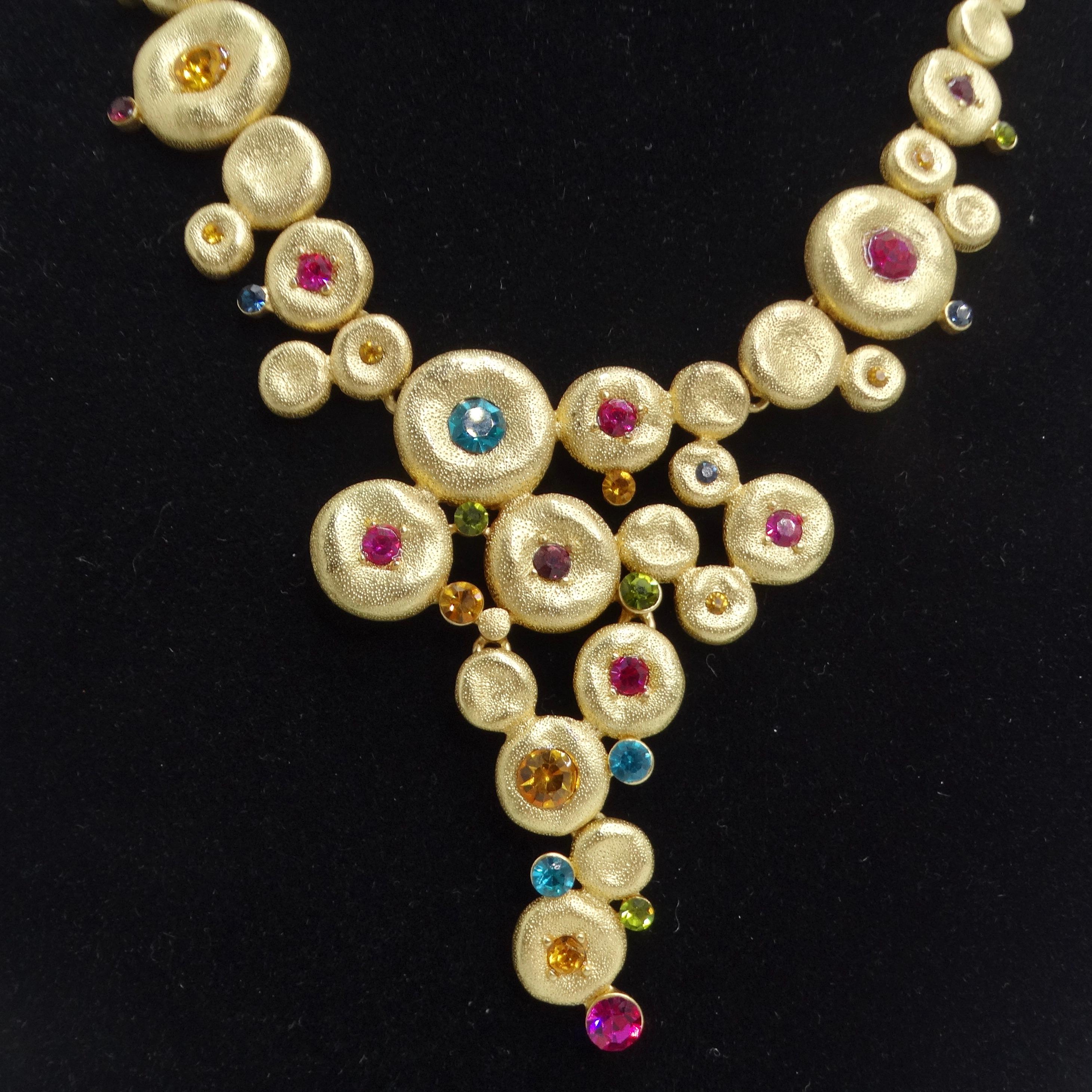 1980s Gold Tone Multicolor Rhinestone Necklace For Sale 1