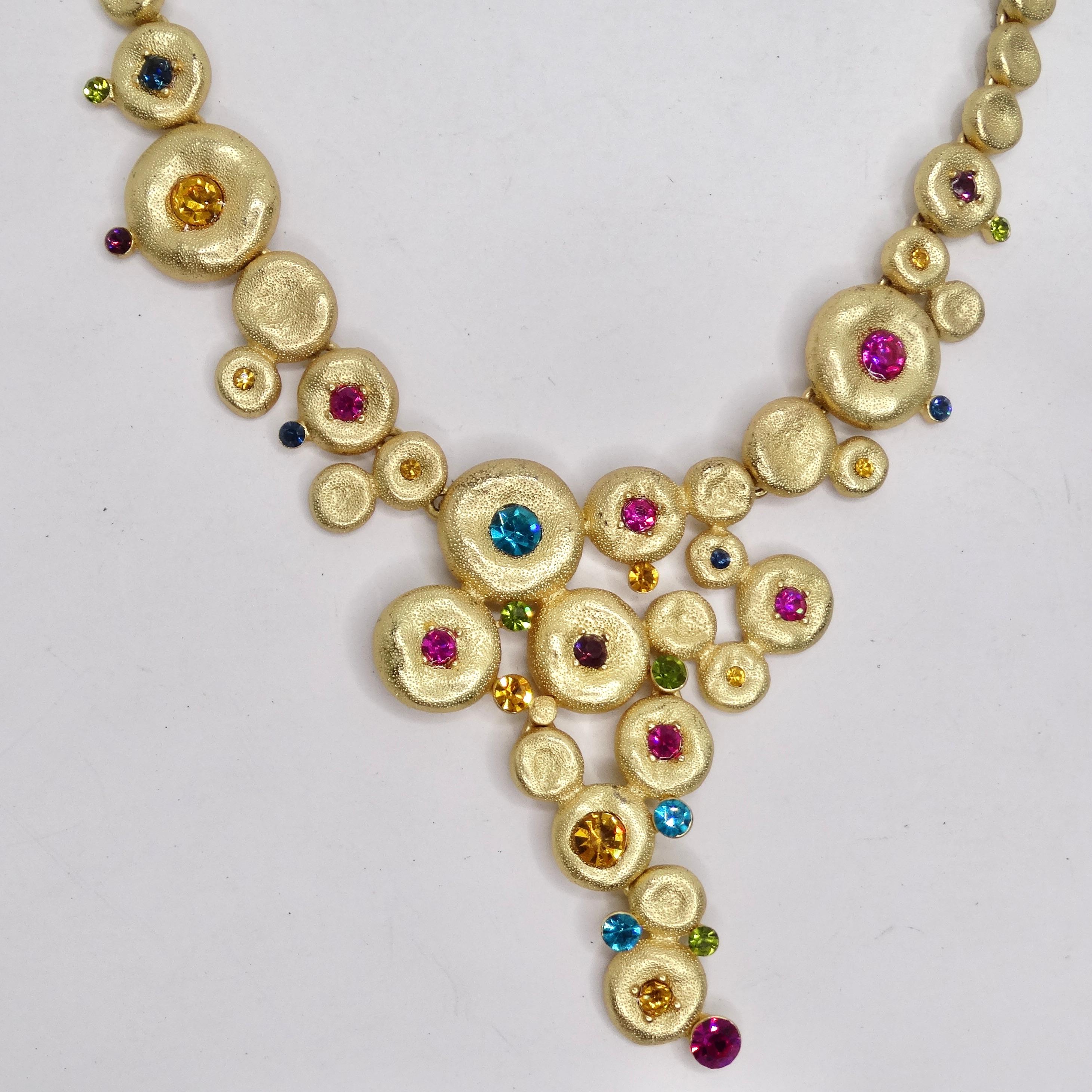 1980s Gold Tone Multicolor Rhinestone Necklace For Sale 4