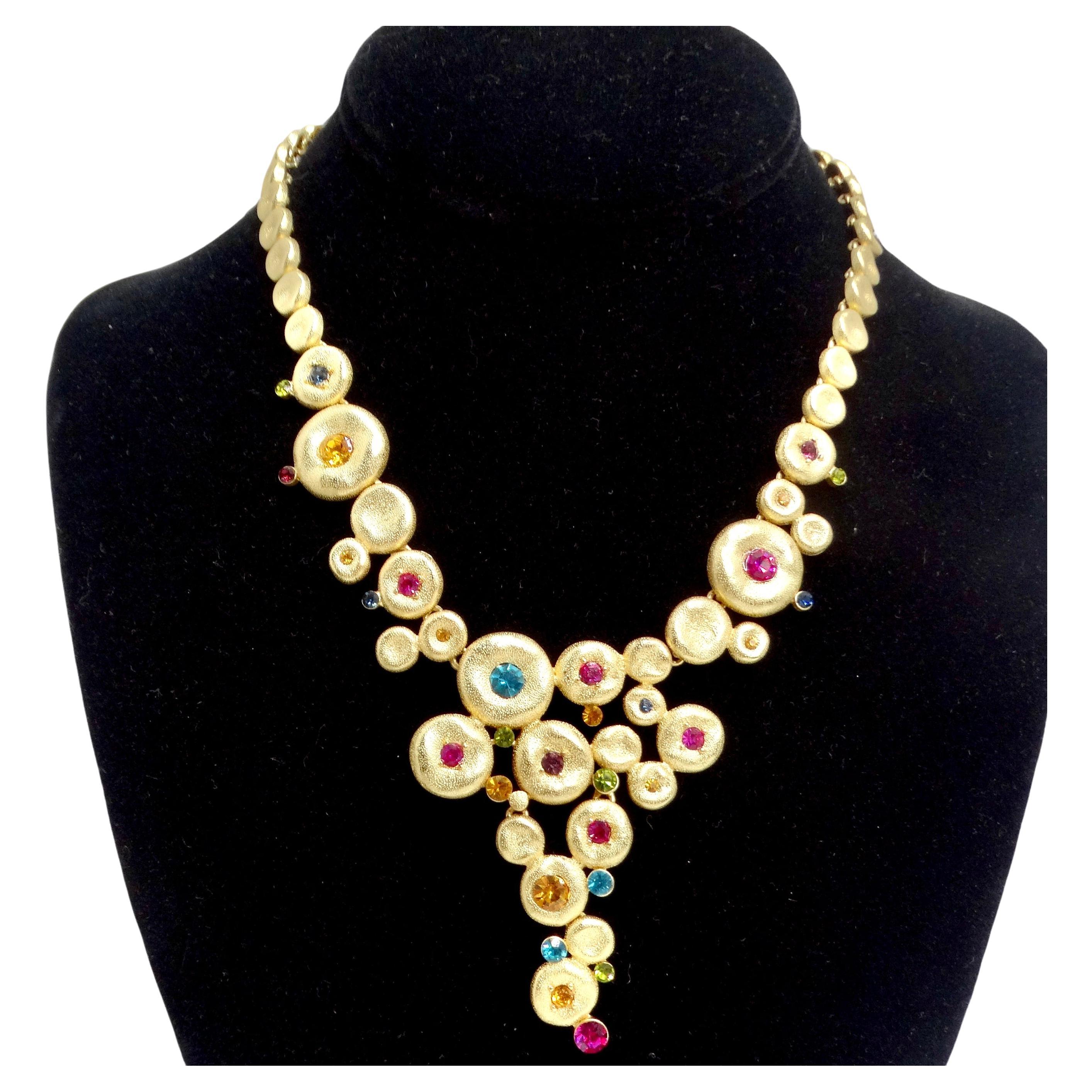 1980s Gold Tone Multicolor Rhinestone Necklace For Sale