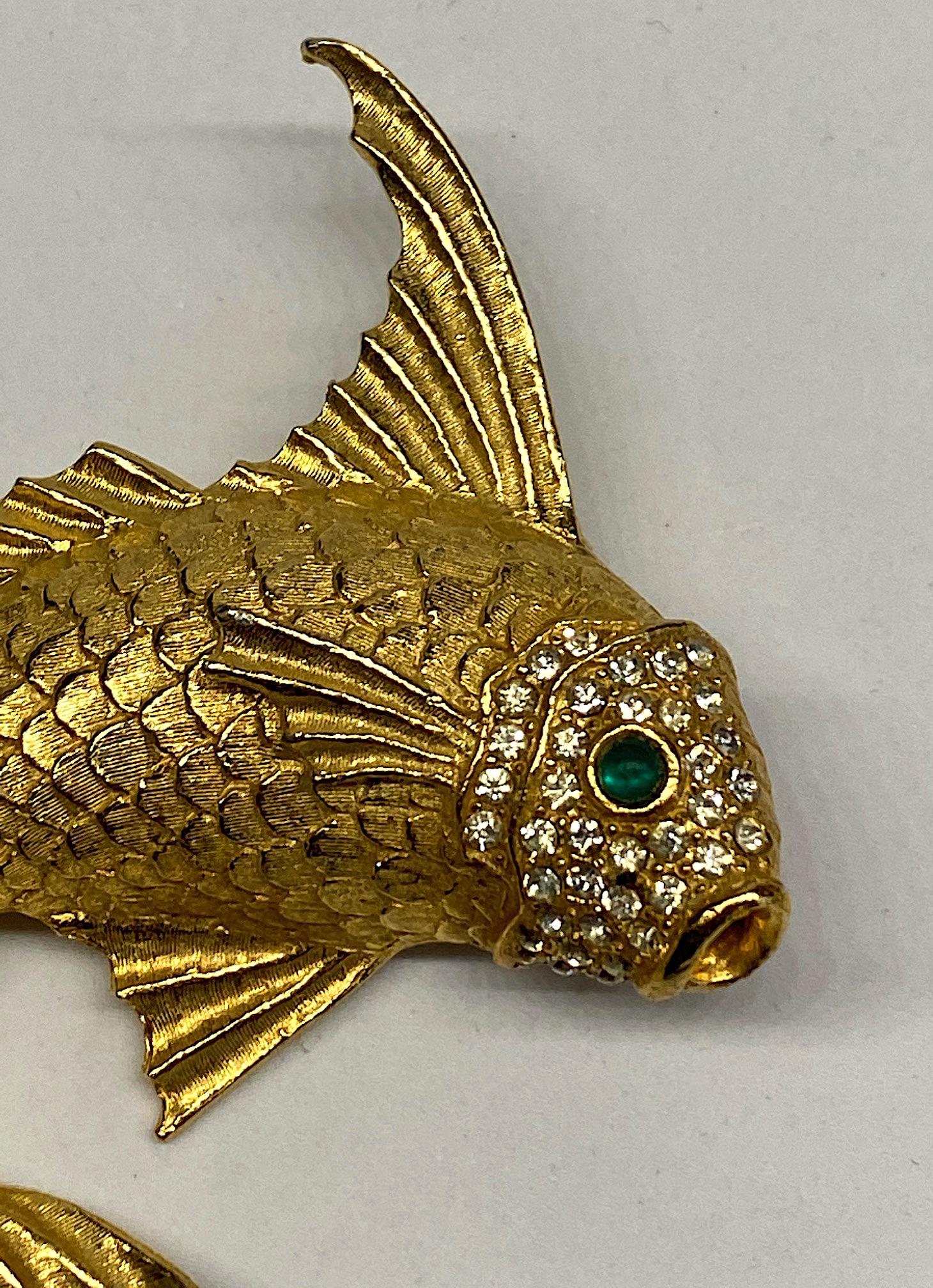 Women's or Men's 1980s Gold with Green Cabochon Eyes Fish Brooch