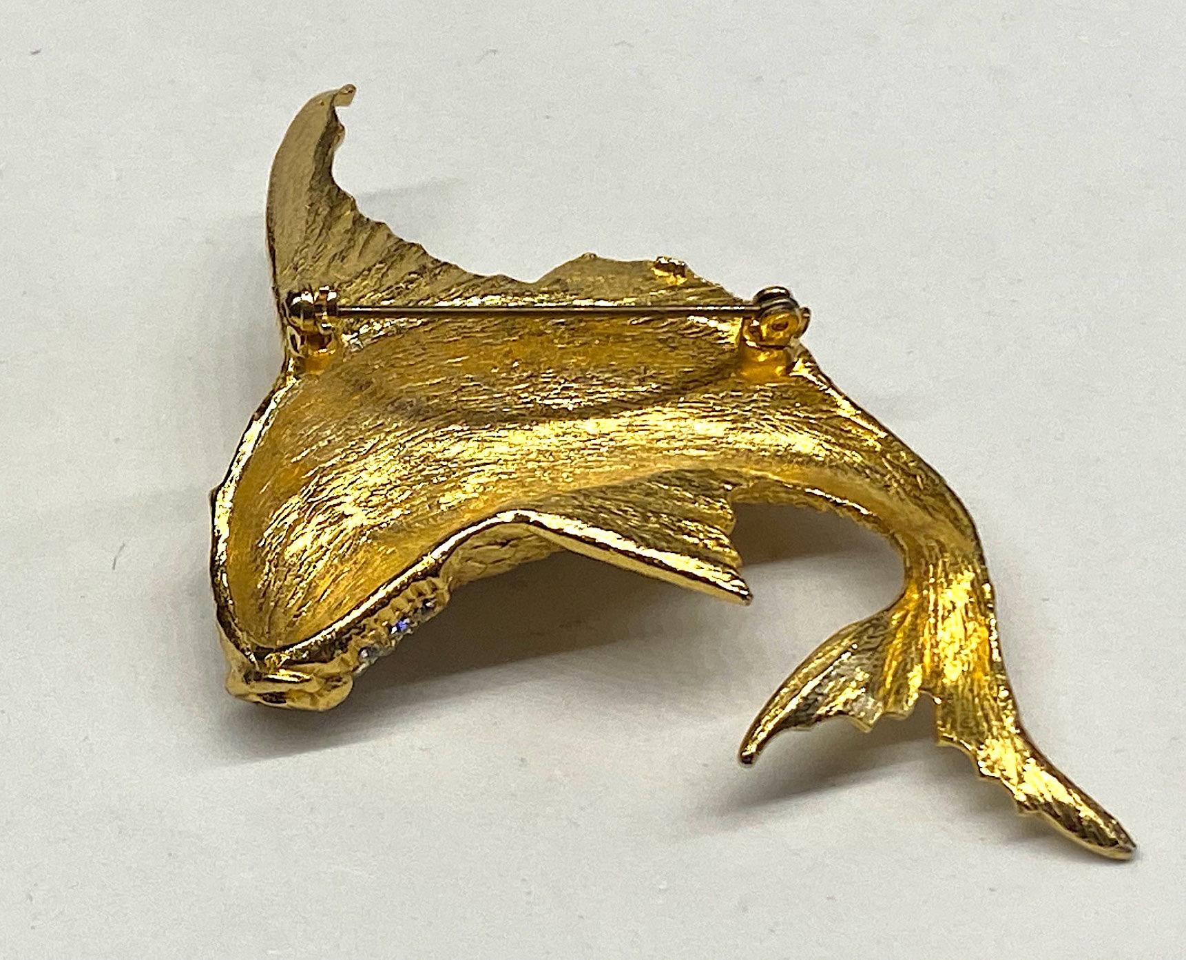 1980s Gold with Green Cabochon Eyes Fish Brooch 4