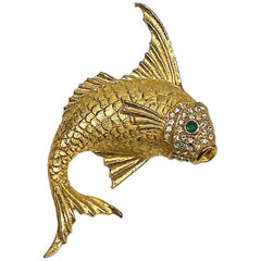 1980s Gold with Green Cabochon Eyes Fish Brooch