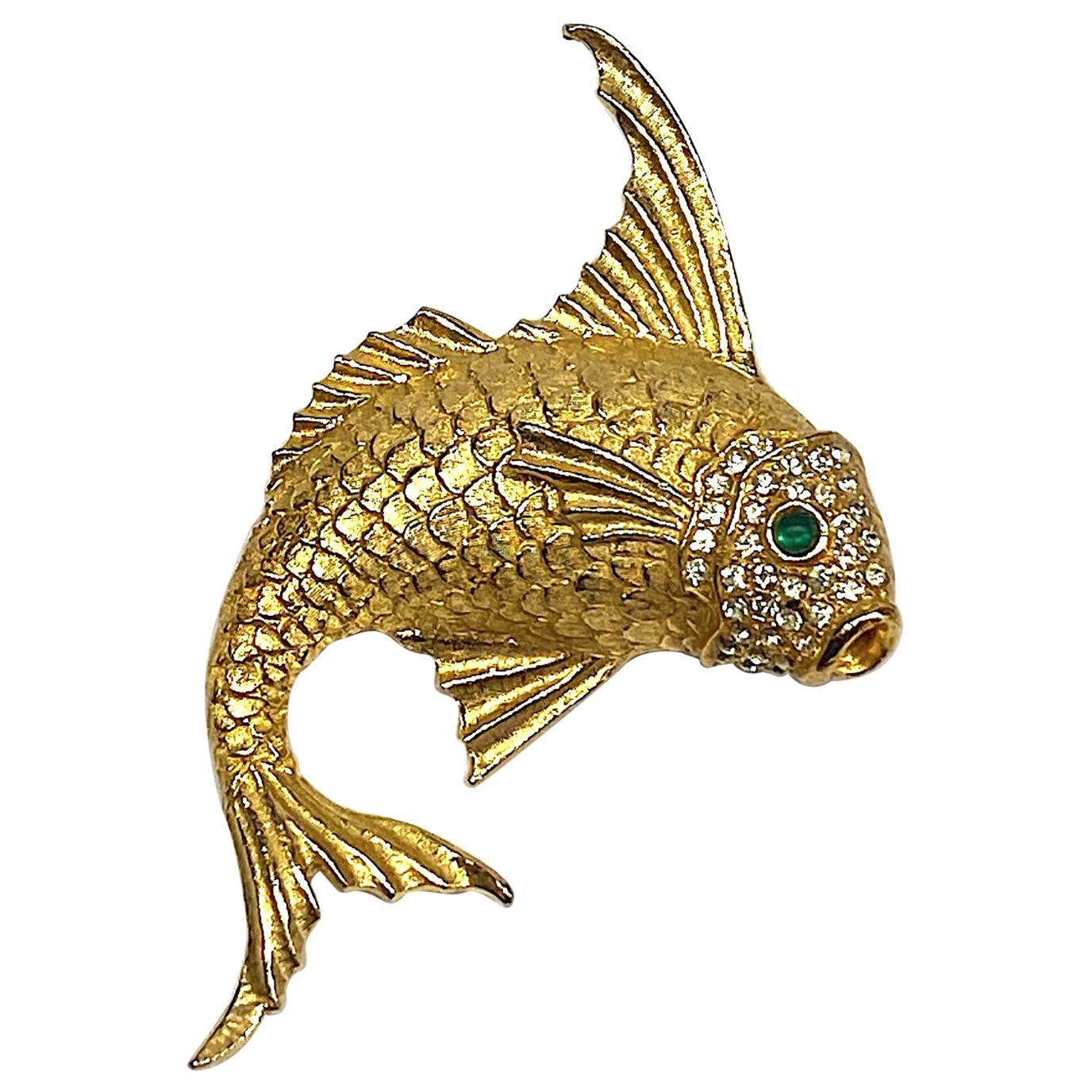 1980s Gold with Green Cabochon Eyes Fish Brooch