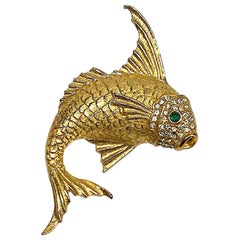 Vintage 1980s Gold with Green Cabochon Eyes Fish Brooch