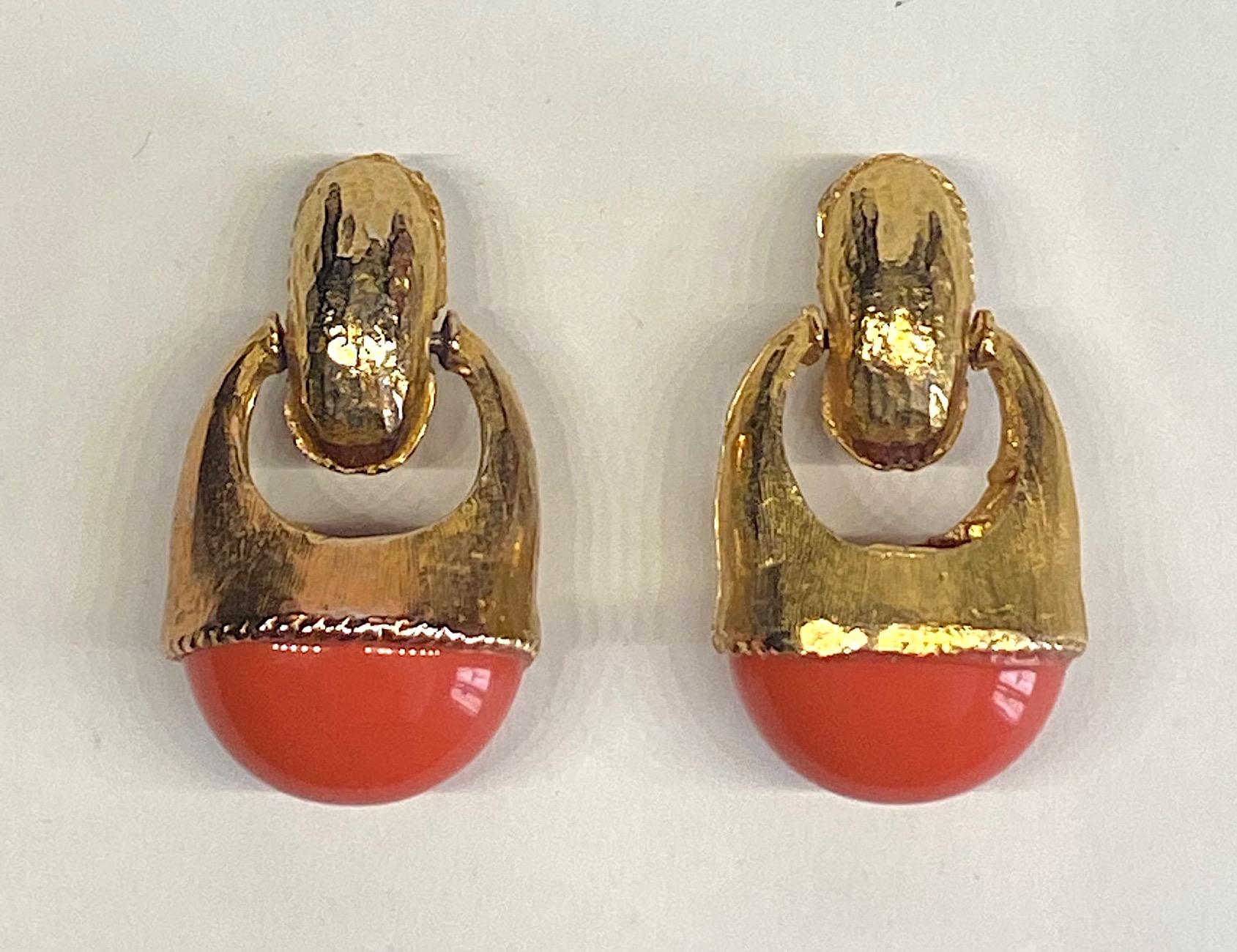 1980s Gold with Large Coral Cabochon Pendant Earrings 3