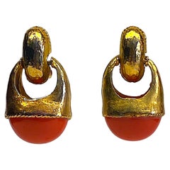 1980s Gold with Large Coral Cabochon Pendant Earrings