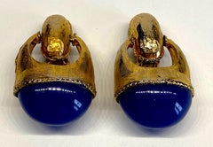1980s Gold with Large Lapis Blue Cabochon Pendant Earrings