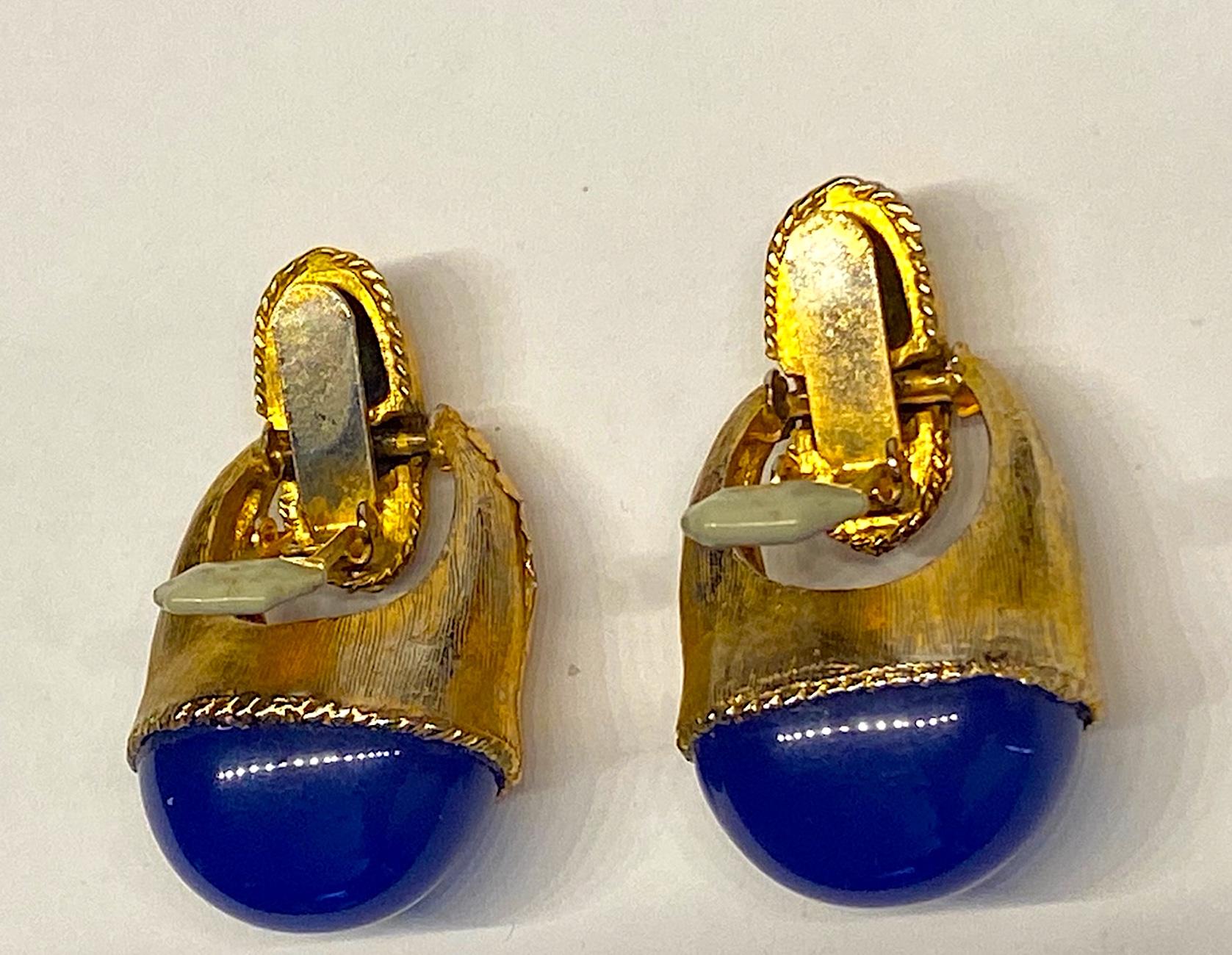 1980s Gold with Large Lapis Blue Cabochon Pendant Earrings 2
