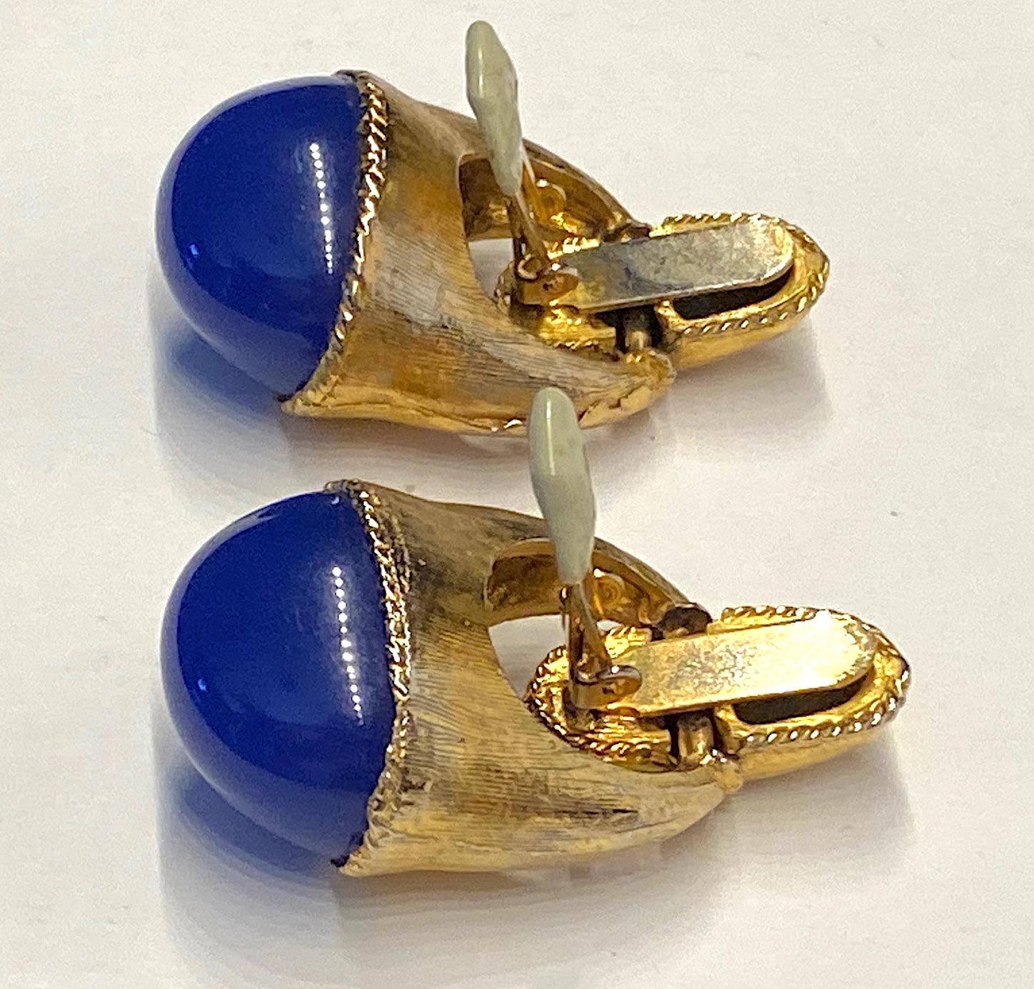 1980s Gold with Large Lapis Blue Cabochon Pendant Earrings 3