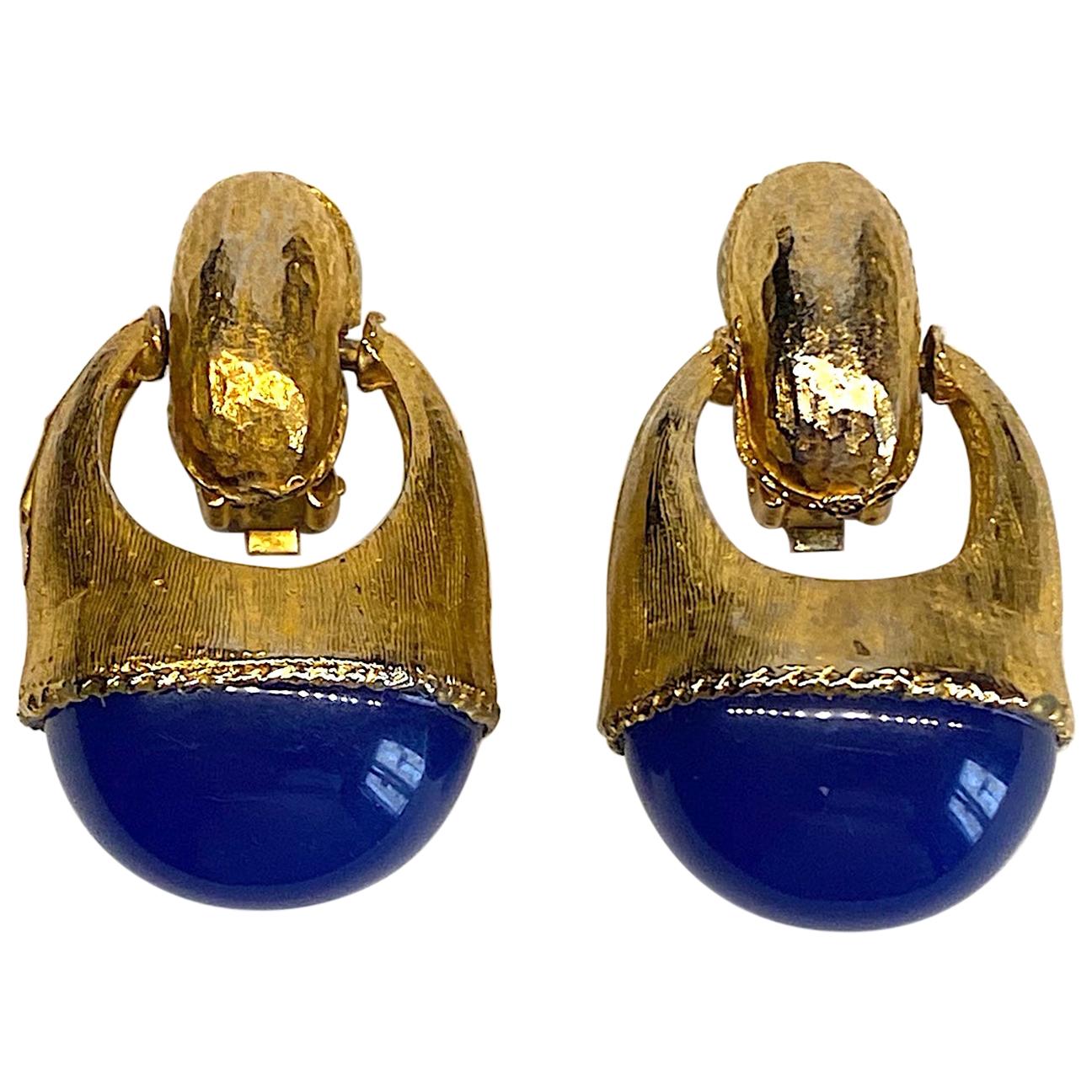 1980s Gold with Large Lapis Blue Cabochon Pendant Earrings
