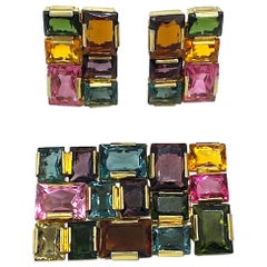 1980s Gold with Multi color stone Brooch and Earring Set