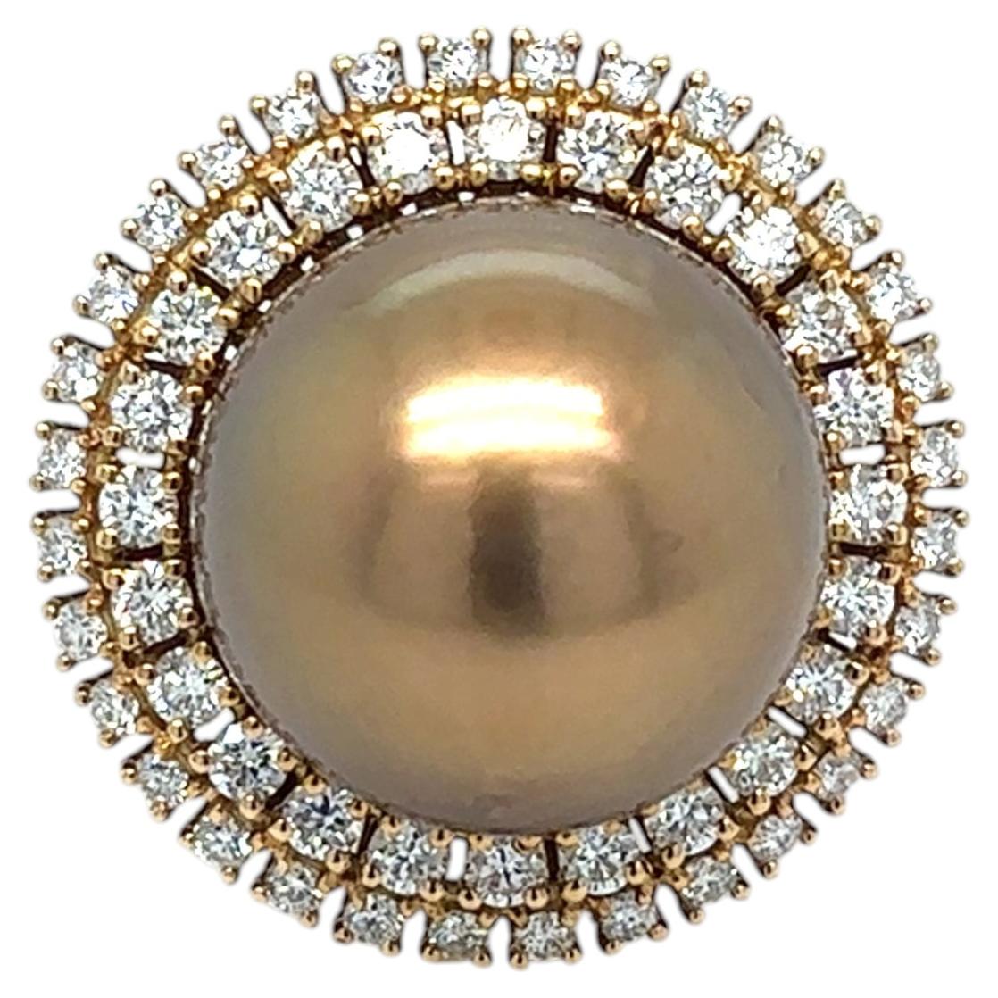 1980s Golden Pearl Diamond Cocktail Ring 18k Gold