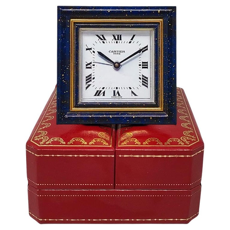 Cartier Alarm Clock, Lapis Lazuli & Gold, Mid-Century Modern, Swiss