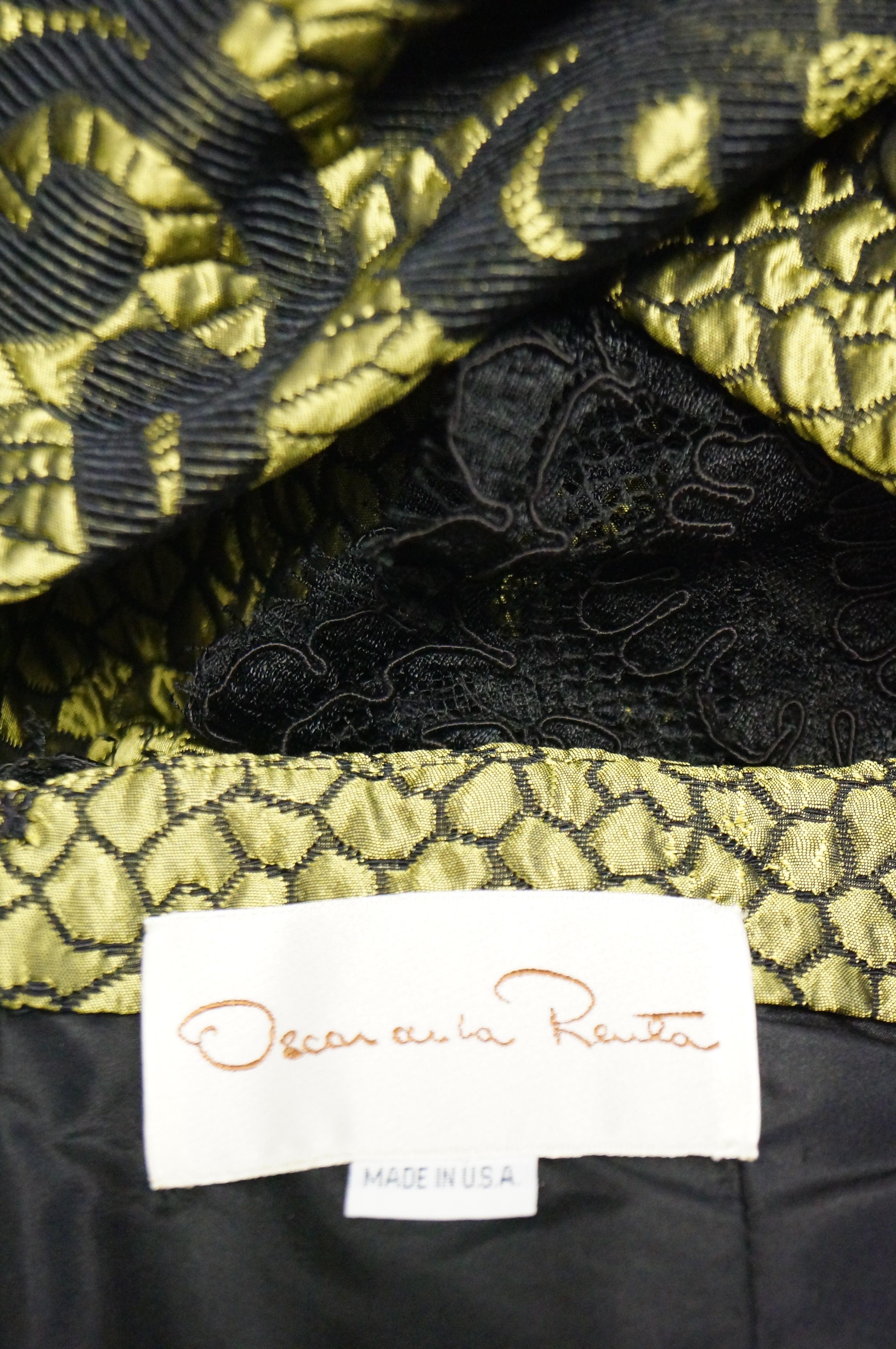 1980s Oscar de La Renta Golden Green “Dragon Scale” Brocade Dress 2