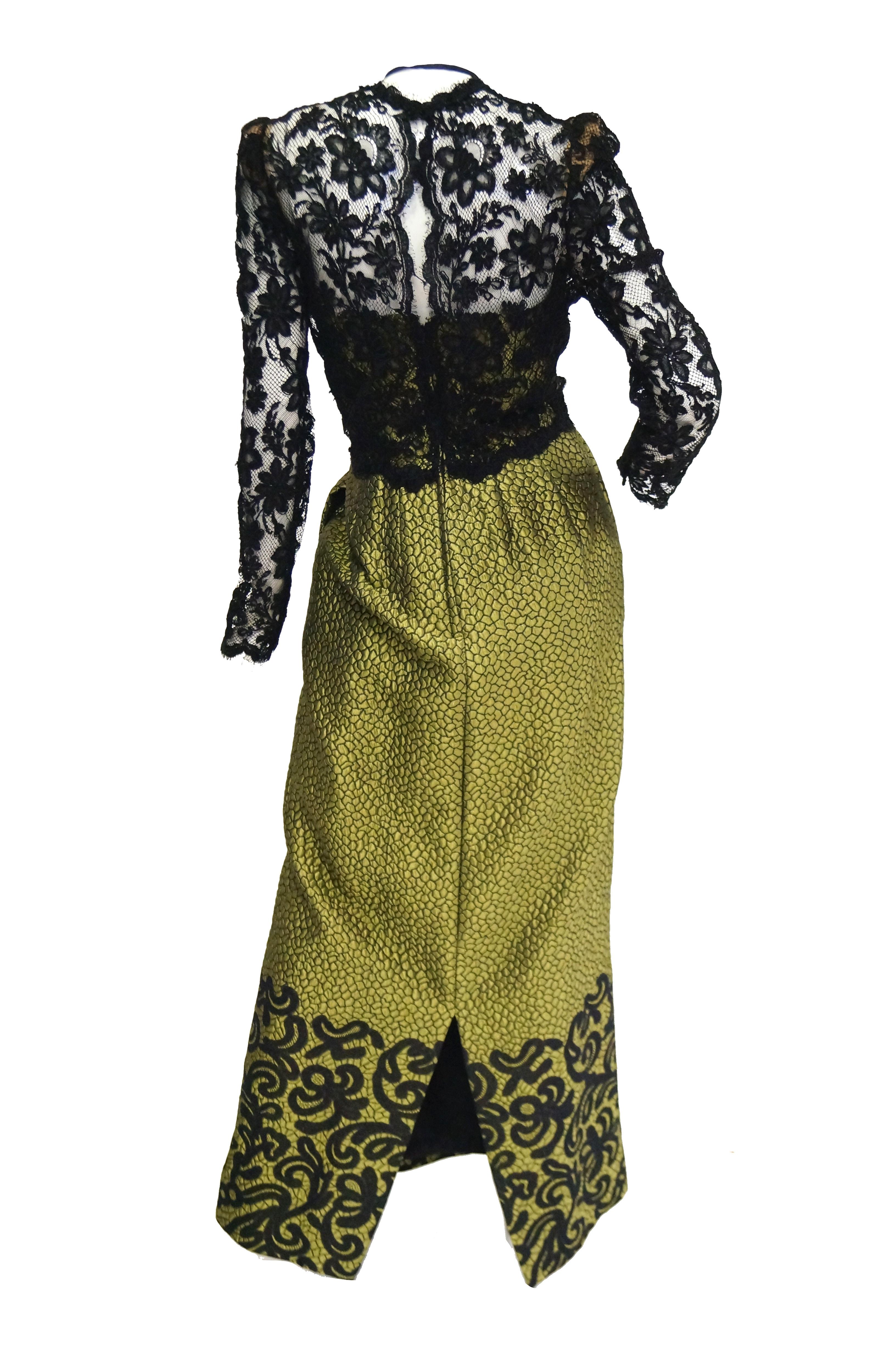 Brown 1980s Oscar de La Renta Golden Green “Dragon Scale” Brocade Dress