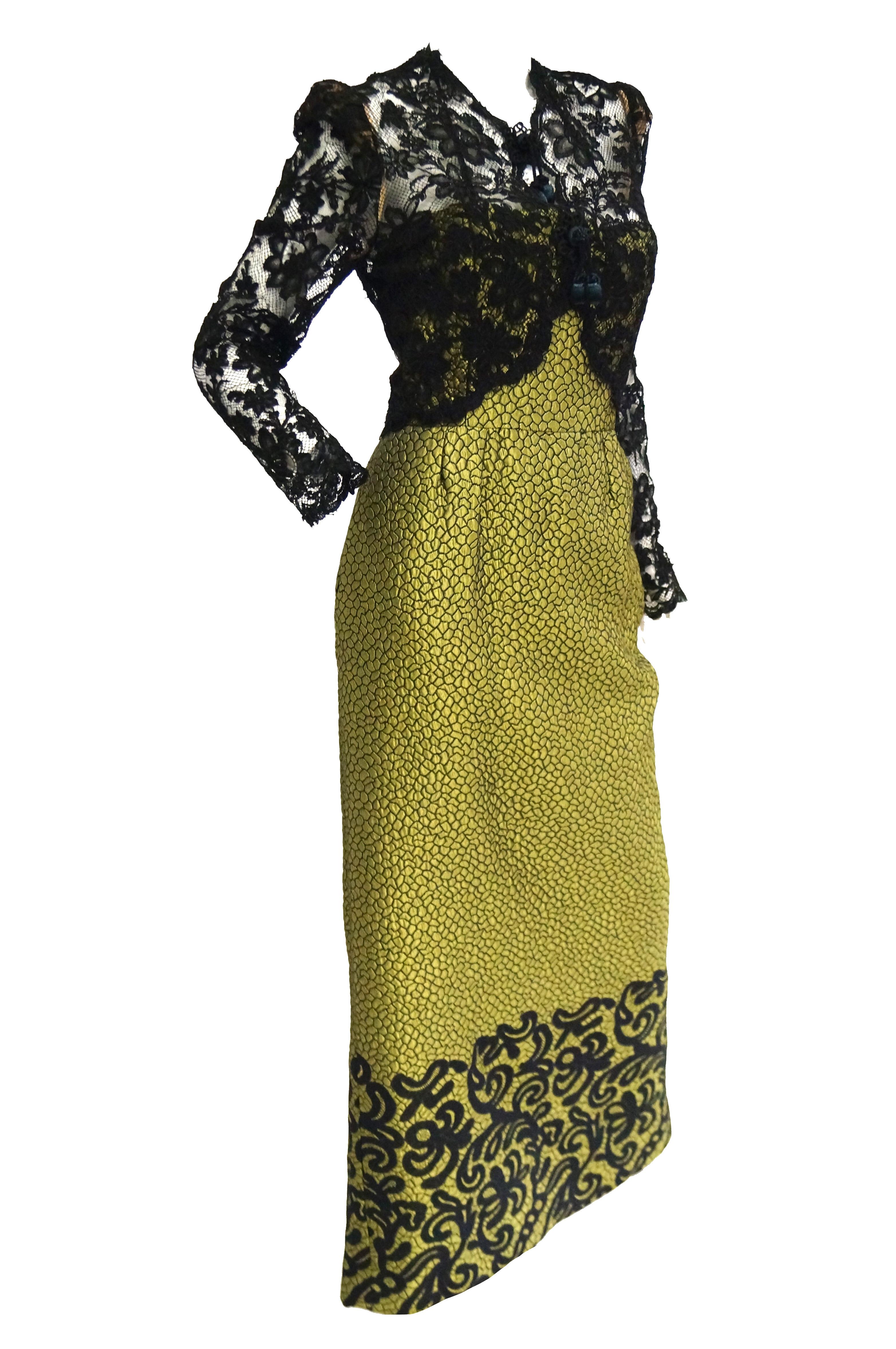 Women's 1980s Oscar de La Renta Golden Green “Dragon Scale” Brocade Dress