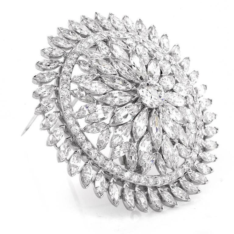 Marquise Cut 1980s Grand  Circular 2.68 carats Diamond Platinum Lapel Brooch Pin For Sale