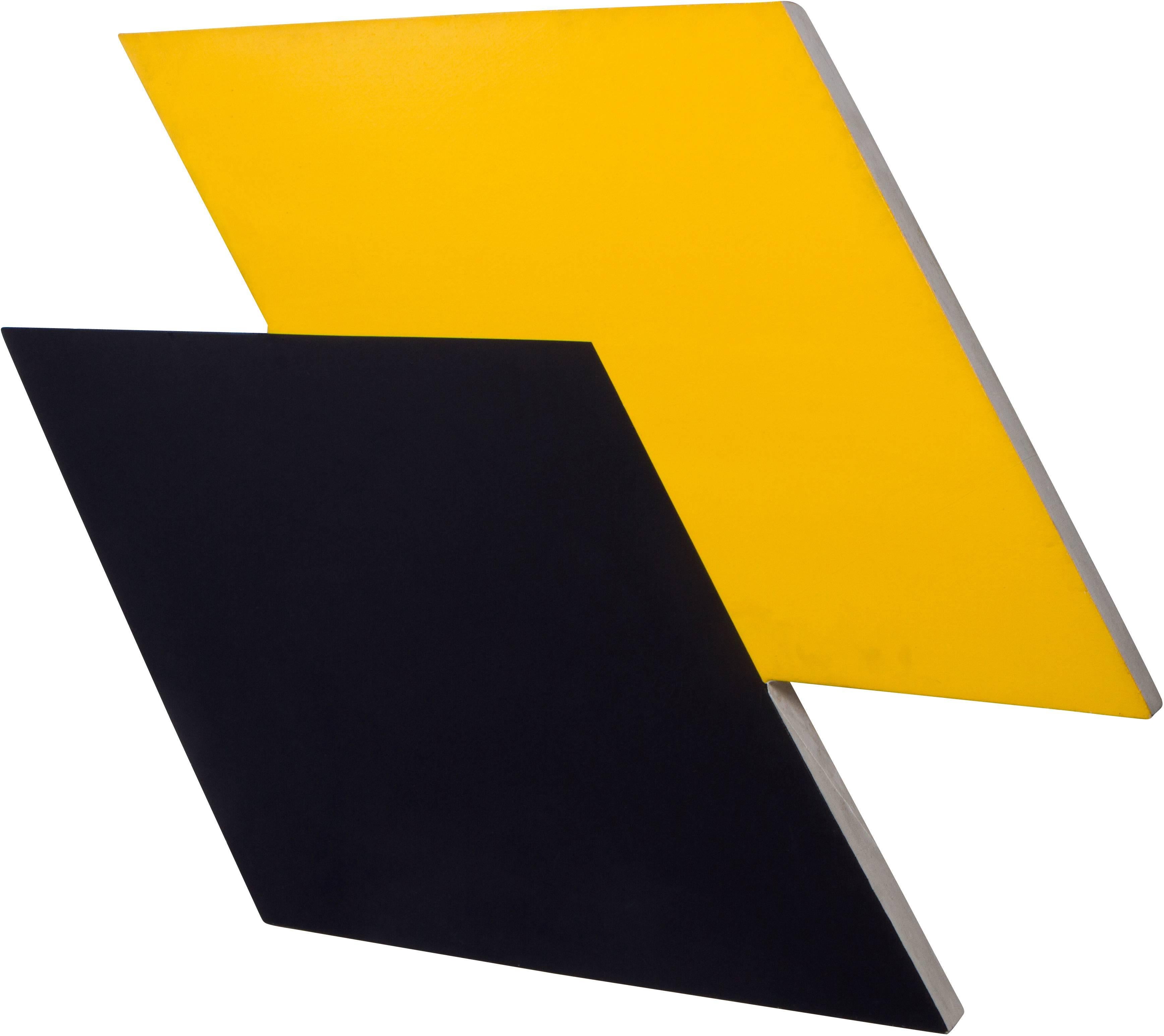Dramatic and decorative 1980s hard edge abstract painting in yellow and black by Clarissa Mitchell. Acrylic on canvas. Unsigned but gallery tag remains in verso.