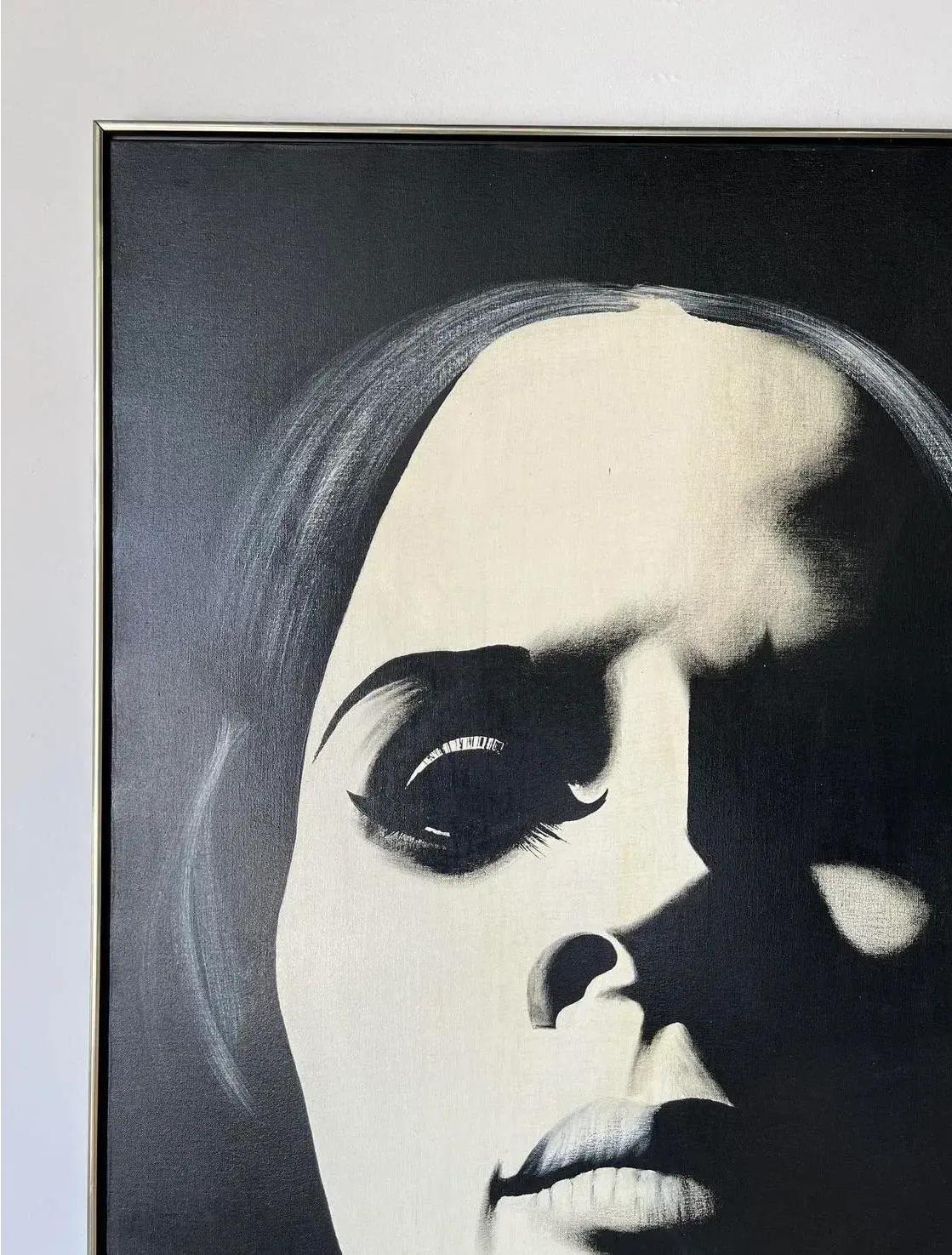 Hand-Painted 1980s Graphic Op Oil Painting Portrait of a Woman in Black By Davilla For Sale
