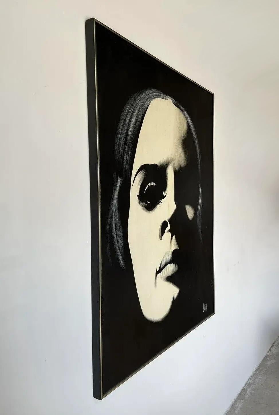 Canvas 1980s Graphic Op Oil Painting Portrait of a Woman in Black By Davilla For Sale