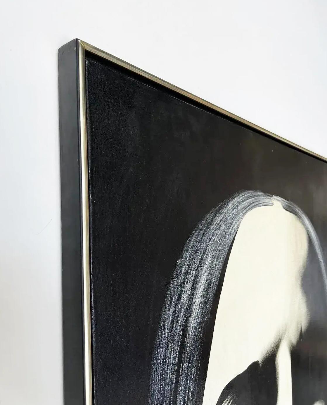 1980s Graphic Op Oil Painting Portrait of a Woman in Black By Davilla For Sale 1