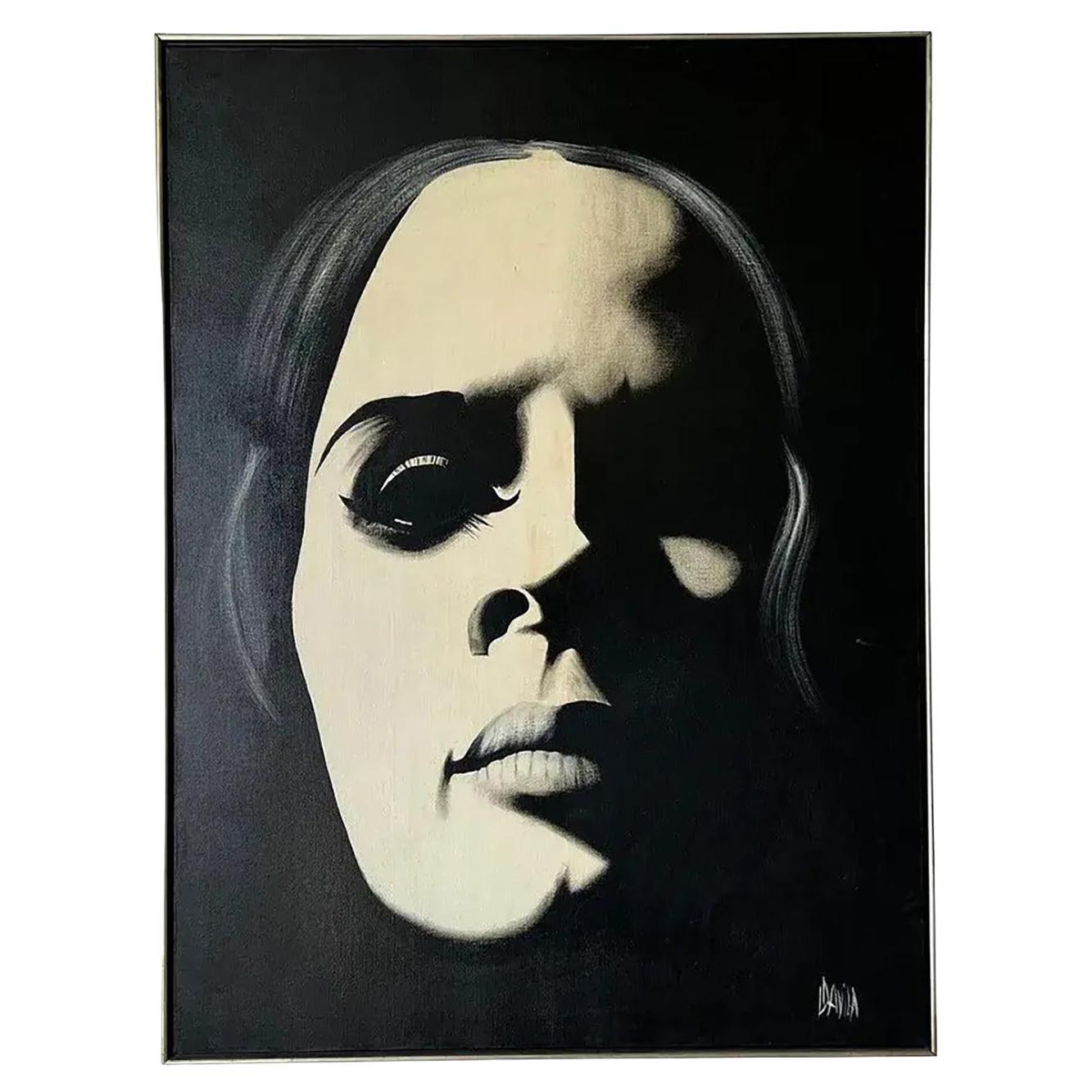 1980s Graphic Op Oil Painting Portrait of a Woman in Black By Davilla For Sale