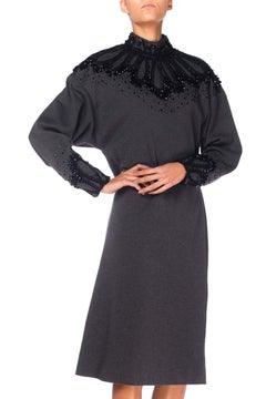 1980S Dark Grey Wool Knit Turtleneck  Dress With Victorian Style Passementrie &
