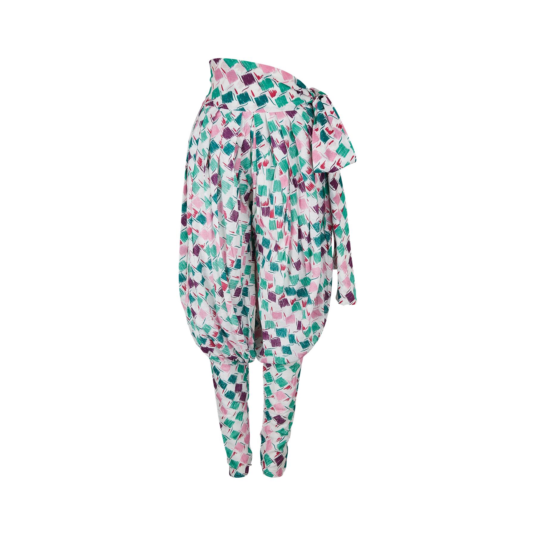 1980s Green and Pink Linen Harlequin Print Harem Trousers