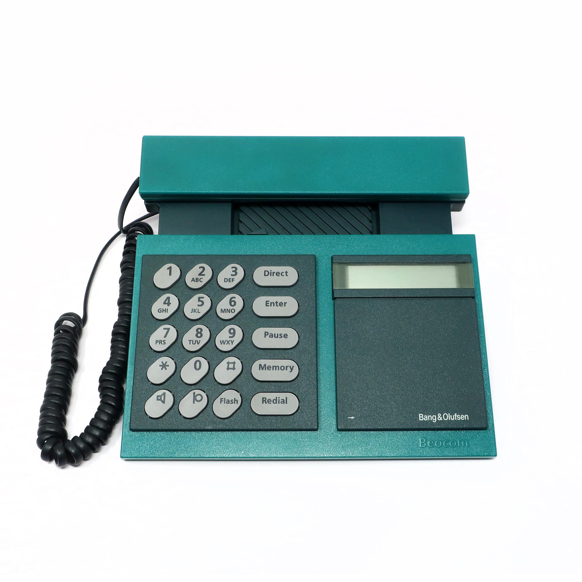 Designed in 1986 Lone and Gideon Lindinger-Lowy, the Bang & Olufsen Beocom 2000 telephone is Danish design at its finest, and the epitome of 1980s high-tech and high design. It has a green handset and body and gray buttons.

In good vintage
