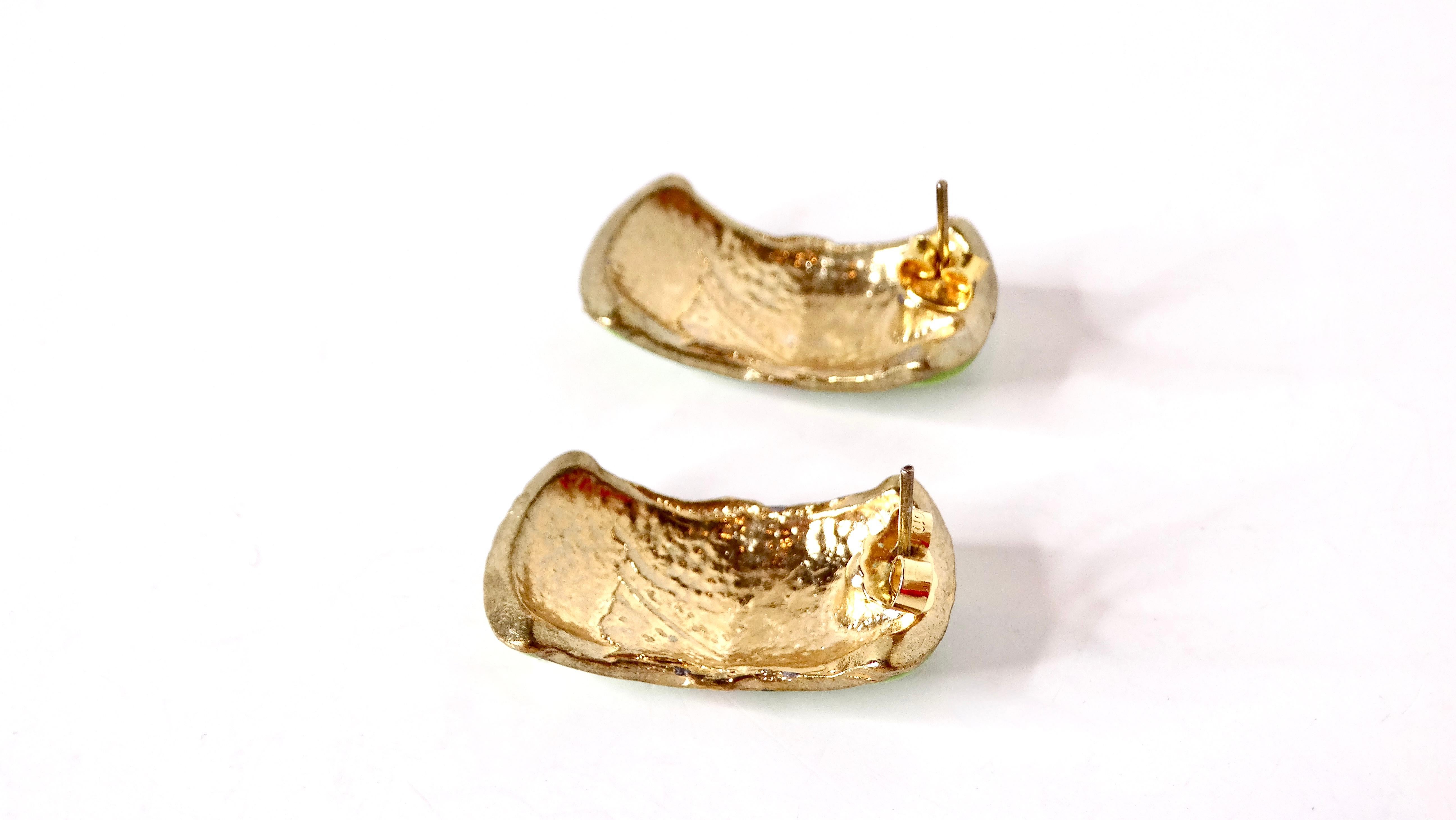 Women's or Men's 1980s Green Enamel 14k Gold Plated Curved Earrings For Sale